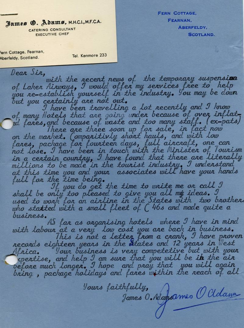 Handwritten letter to Sir Freddie Laker