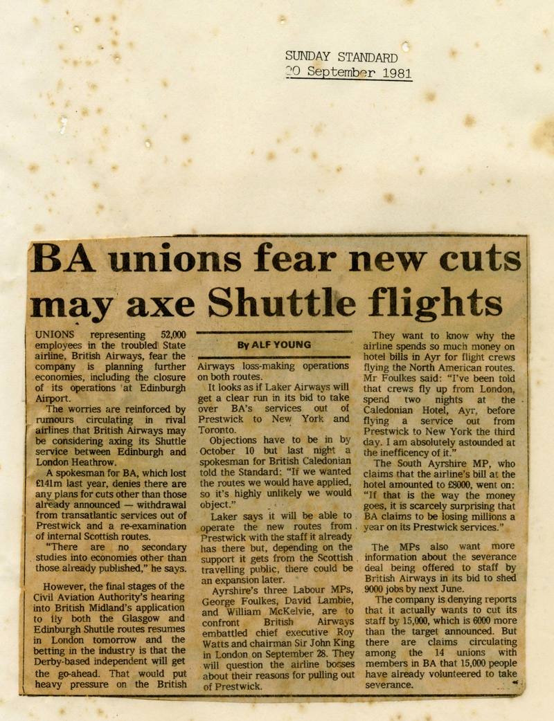 1981 newspaper clipping: BA unions fear new cuts may axe Shuttle flights